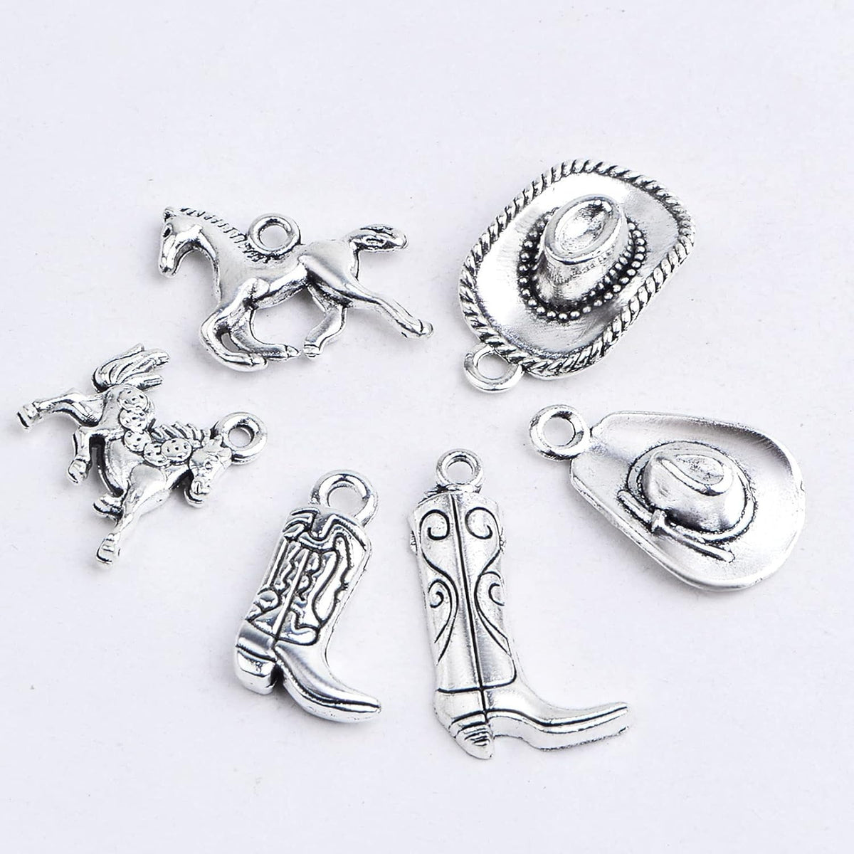 60pcs Antique Silver Western Cowboy Pendant Charms Alloy Mixed Western Horse Boot Hat Dangle Pendants for DIY Bracelet Necklace Jewelry Making Father's Day Gift, 6 Styles