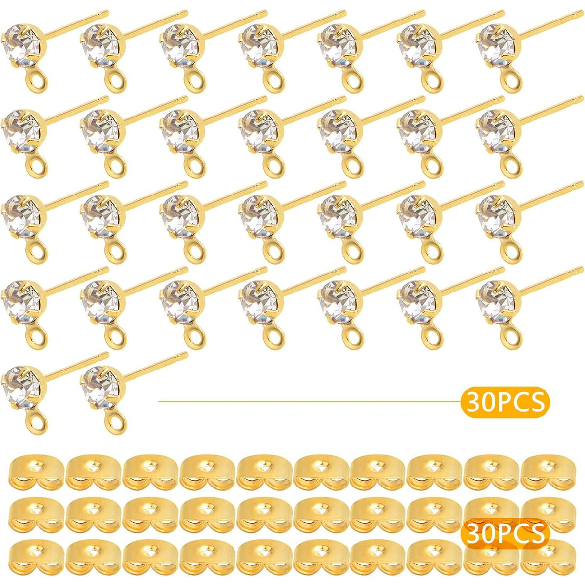 30pcs Stainless Steel Rhinestone Earring Posts with Loop Hypoallergenic Stud Earrings Findings and 30pcs Butterfly Earring Backs for DIY Jewelry Making Supplies, Golden