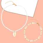 2pcs Handmade Beach Seashell Necklaces Natural Shell Rice Beads Adjustable Hawaiian Summer Boho Beach Beaded Collar Choker Necklace Jewelry for Adults Teens Women Gifts
