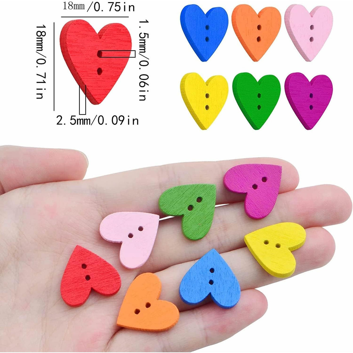 200pcs Colorful Wooden Heart Buttons with 2 Holes Love Heart Shaped Wood Craft Buttons Embellishments for DIY Clothes Sewing Scrapbooking Valentine's Day Decoration