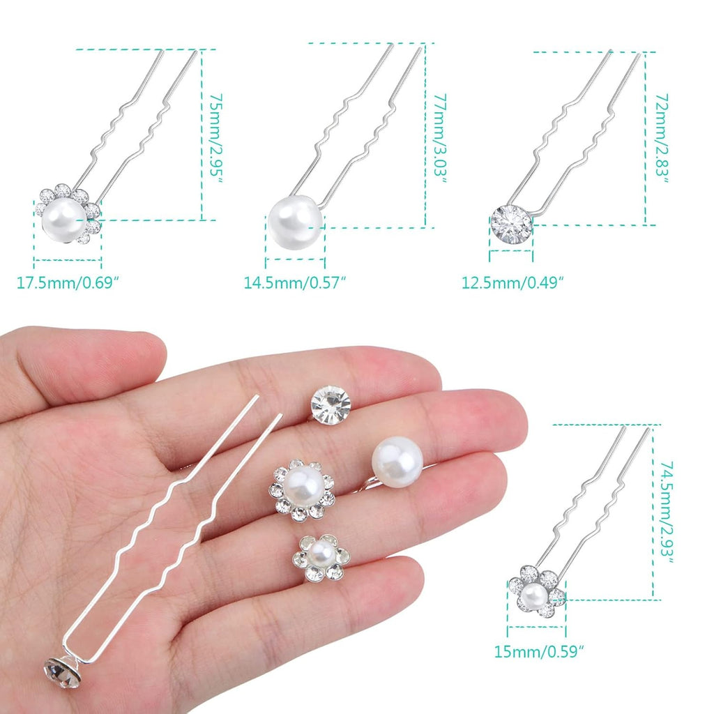 24pcs Silver Pearl Hair Pins Headpiece Metal U-shaped Rhinestone Flower Embellished Bobby Pins Bridal Hair Accessories for Women Girls Bride Bridesmaid Wedding, 4 Styles