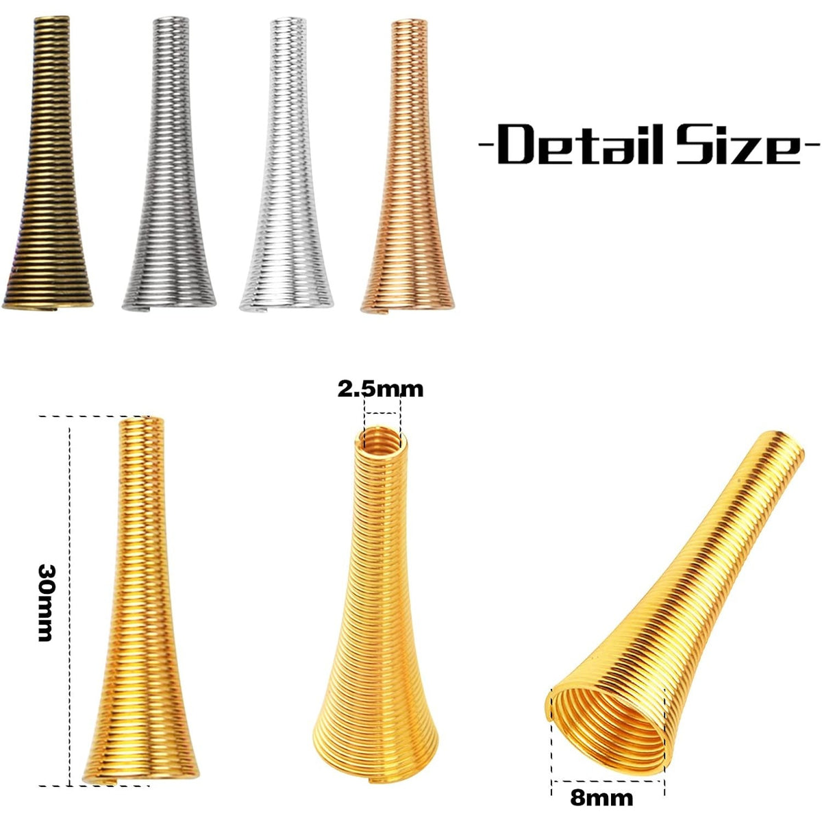 60pcs 30 mm Long Spring Cone Bead Caps Alloy Trumpet Shape Wrap Coil Spring Beads Stoppers for DIY Earrings Tassel Crafts Jewelry Making Supplies Accessories, 5 Colors