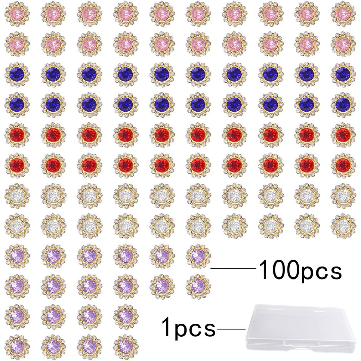 100pcs 12mm Flower Buttons with Rhinestones Sew on Flower Embellishments Crystal Glass Bead Flatback Rhinestone Buttons with a Box for DIY Jewelry Making Knitting Crafts Decor, 5 Colors