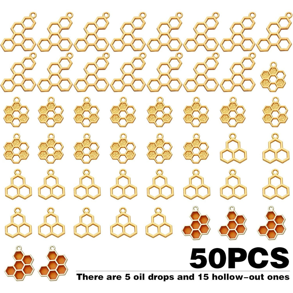 50pcs Enamel Honeycomb Charms Pendants Alloy Bee Honeycomb Open Back Bezel Pendant for Necklace Bracelet DIY Crafts Jewelry Making Accessories