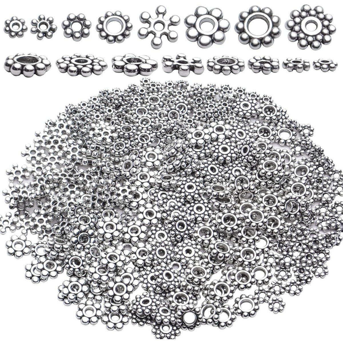 400pcs Tibetan Silver Snowflake Spacer Beads Assorted Daisy Spacer Beads Metal Spacers for DIY Jewelry Making, 8 Styles