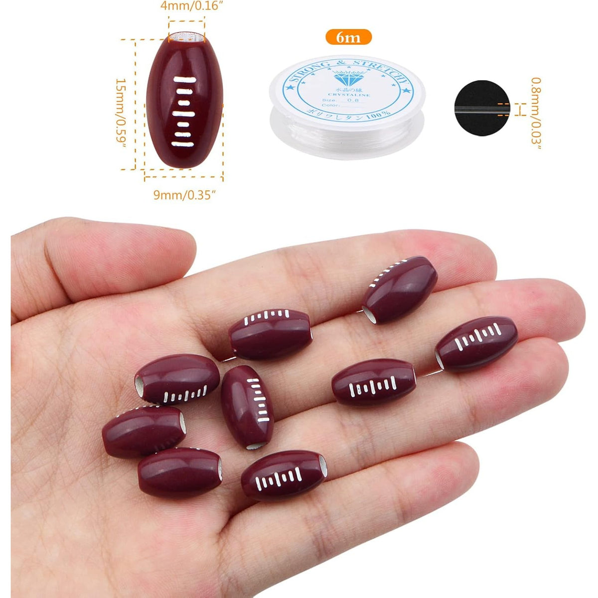 120pcs Large Hole Rugby Spacer Beads Acrylic Football Sports Craft Beads with A Roll of Elastic Crystal String for DIY Friendship Bracelet Necklace Jewelry Making