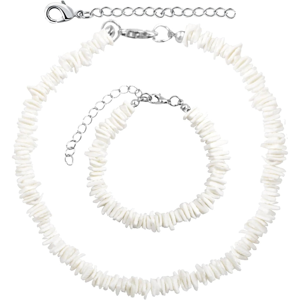 White Puka Shell Necklace Hawaiian Seashell Beach Surfer Choker Adjustable Handmade Beaded Summer Pooka Shells Clam Chips Necklace Bracelet Jewelry Set for Adult Teens Men Women