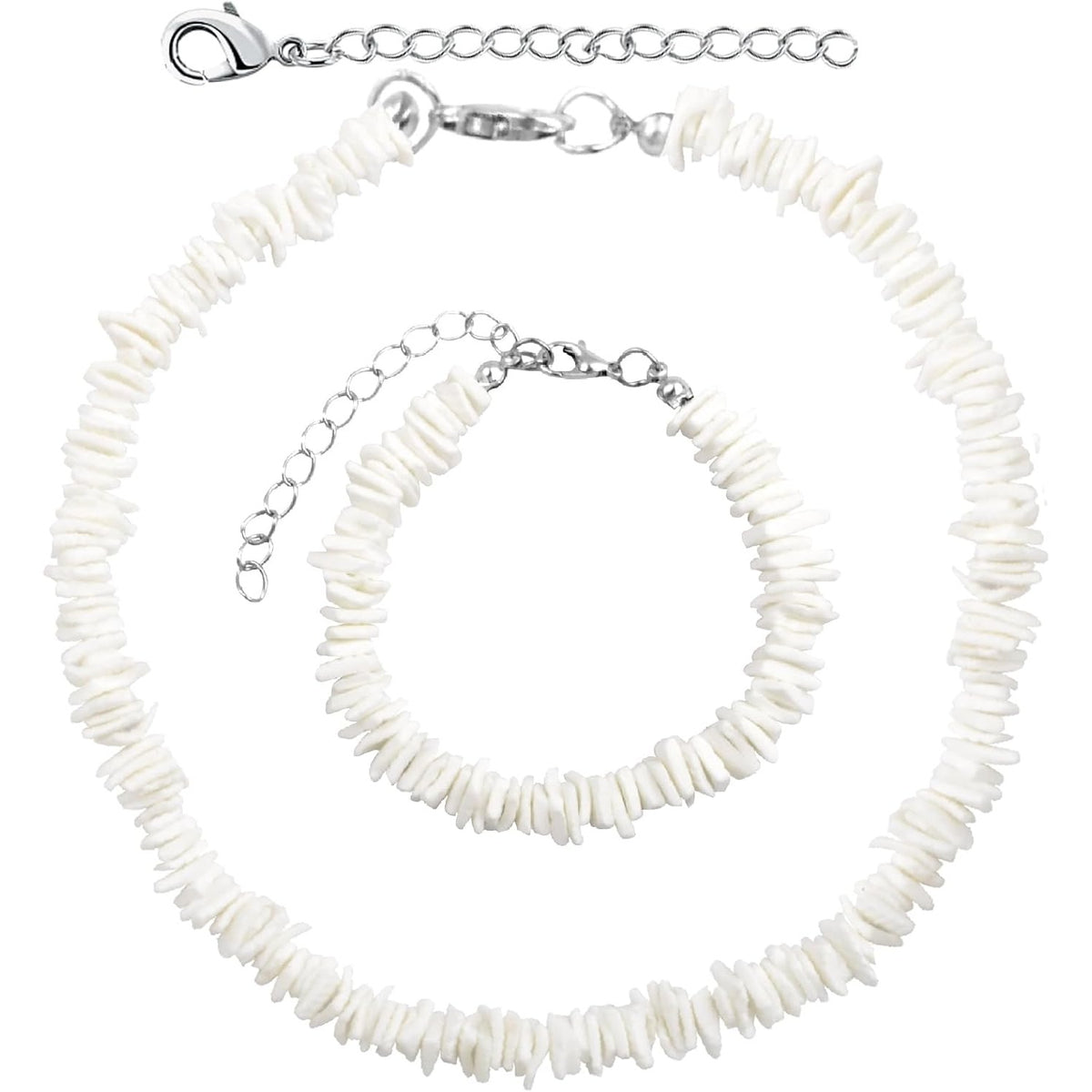White Puka Shell Necklace Hawaiian Seashell Beach Surfer Choker Adjustable Handmade Beaded Summer Pooka Shells Clam Chips Necklace Bracelet Jewelry Set for Adult Teens Men Women
