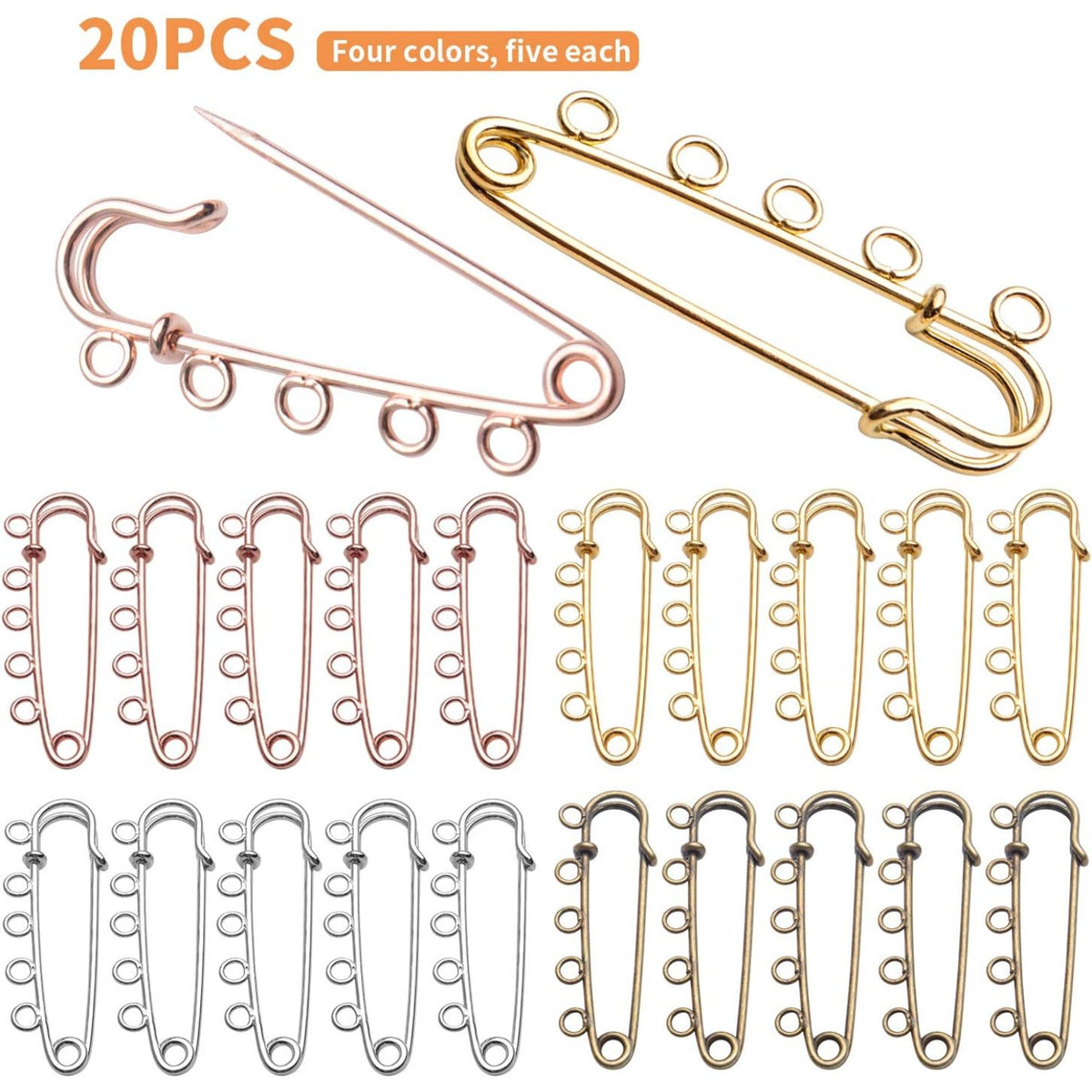 Heavy Duty Alloy Safety Pins - 20pcs Bulk Pack with 5 Loops - Gold, Silver, Antique Bronze, Rose Gold - 50x15mm