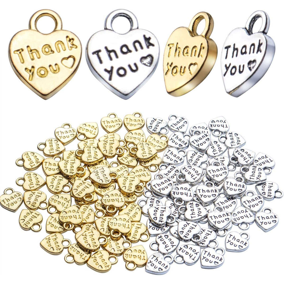 100pcs Antique Word Heart Charms, Thank You Heart Charm, Bulk Crafts Supplies for Jewelry DIY Necklace Bracelet Making, Antique Silver & Golden, 10x13mm