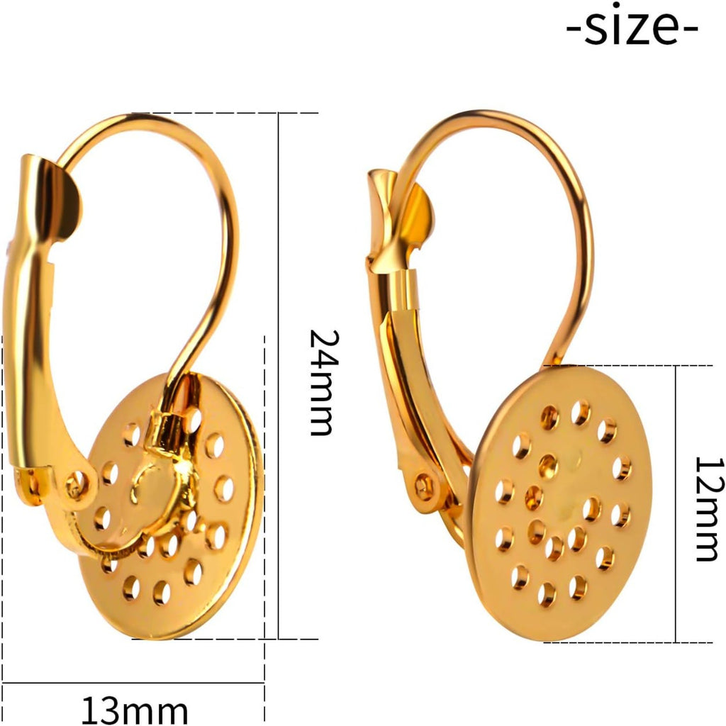 Lever Back Earring Components, 20pcs Brass Leverback Ear Wires Hook Clip Earring Findings with 12mm Round Mesh Pad for Earring Designs Jewelry Making