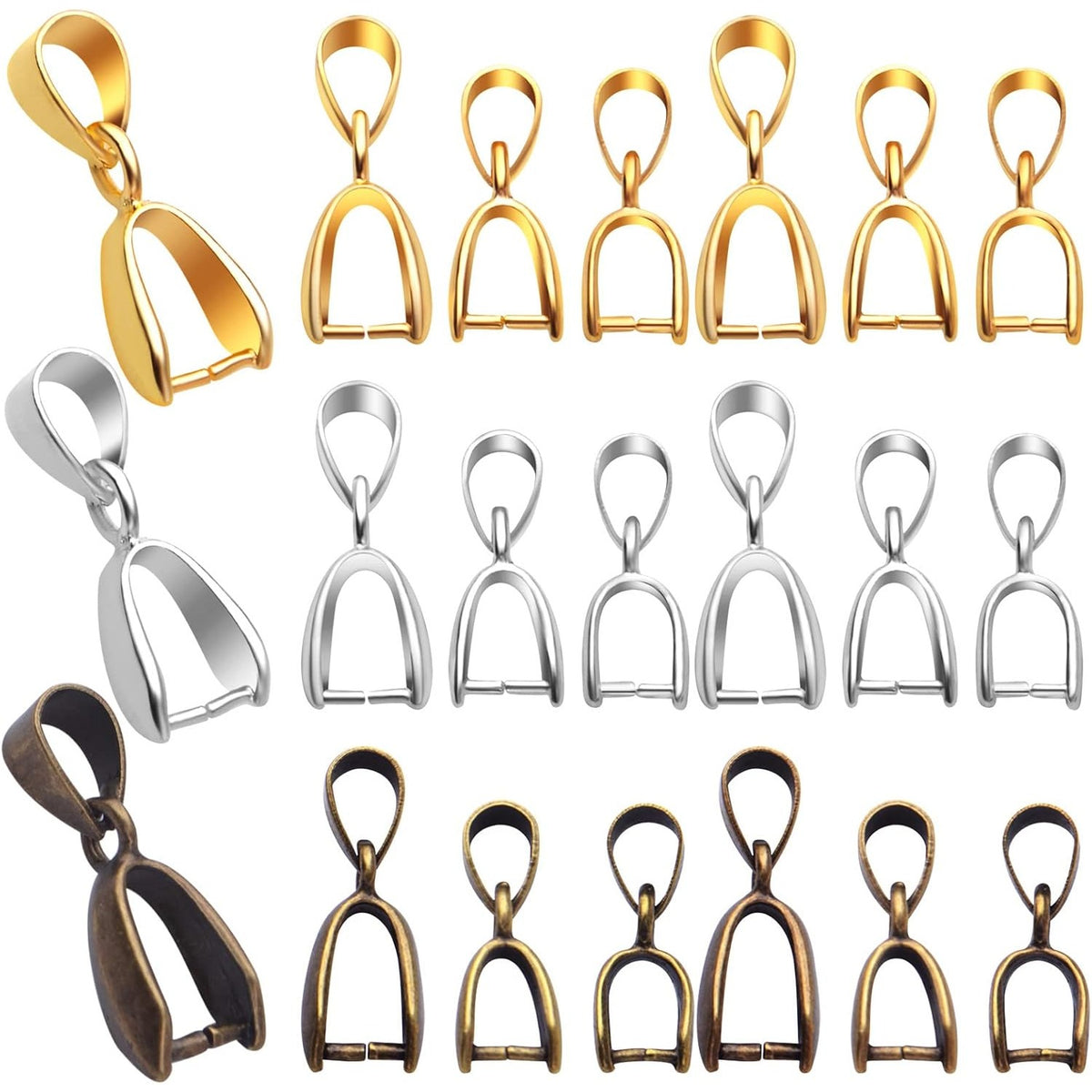 45pcs 3 Sizes Pinch Clip Bails Brass Claw Bail Finish Necklace Pendant Clasps Dangle Charm Bead Connectors Findings for DIY Craft Jewelry Making, 3 Colors