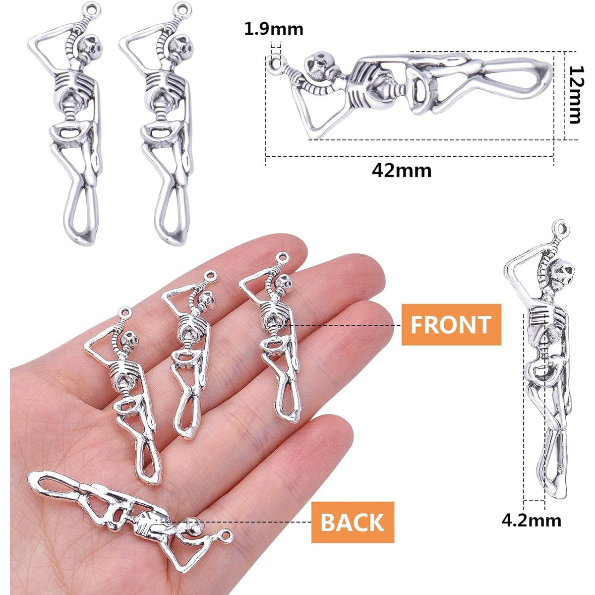 50pcs Antique Silver Skeleton Skull Charms Tibetan Alloy Vintage Dangle Skull Pendants for DIY Bracelet Necklace Jewelry Making Halloween Party Decoration, 42 mm x 12 mm