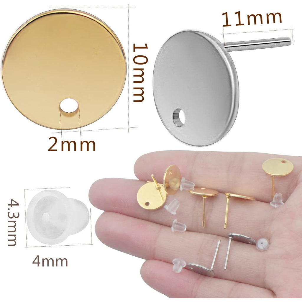 20pcs Stainless Steel Round Earring Studs Hypoallergenic Flat Earring Post with Loop and 20pcs Clear Earring Backs Stoppers for Jewelry Making, 2 Colors
