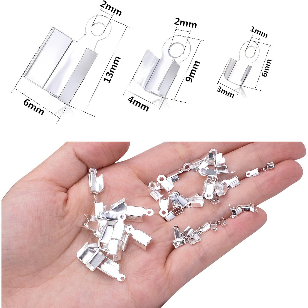 600pcs Silver Fold Over Cord Ends Metal Cord Crimp End Tips Fold-Over End Caps Leather Ribbon Ending Clasp Tips Jewelry Connector for Necklace Bracelet Making, 3 Sizes