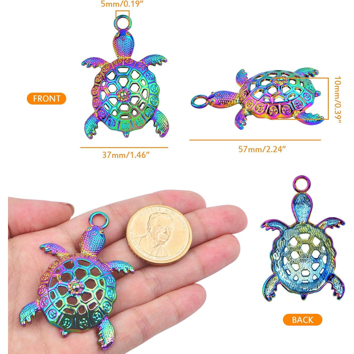 6 Pieces Rainbow Color Large Sea Turtle Charms Alloy Hollow Ocean Animal Turtle Tortoise Shape Dangle Pendants for DIY Necklace Bracelet Jewelry Making Supplies