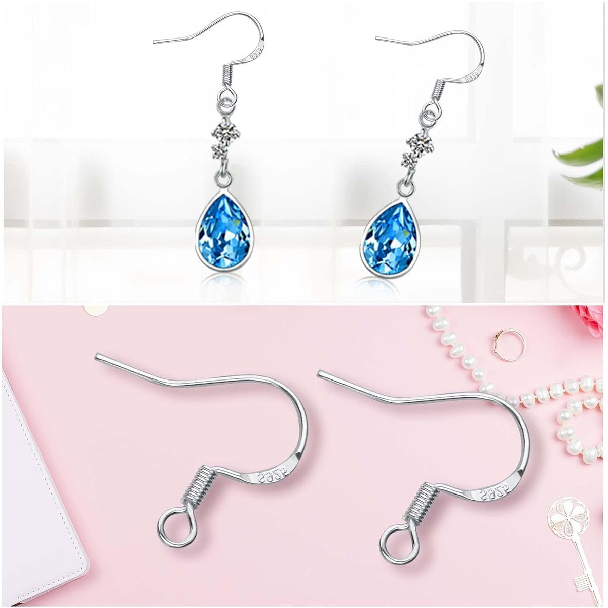 50pcs 925 Sterling Silver Earring Hooks Hypoallergenic Earwire Fish Hooks and 50pcs Silicone Clear Earring Safety Backs for DIY Earring Jewelry Making Supplies