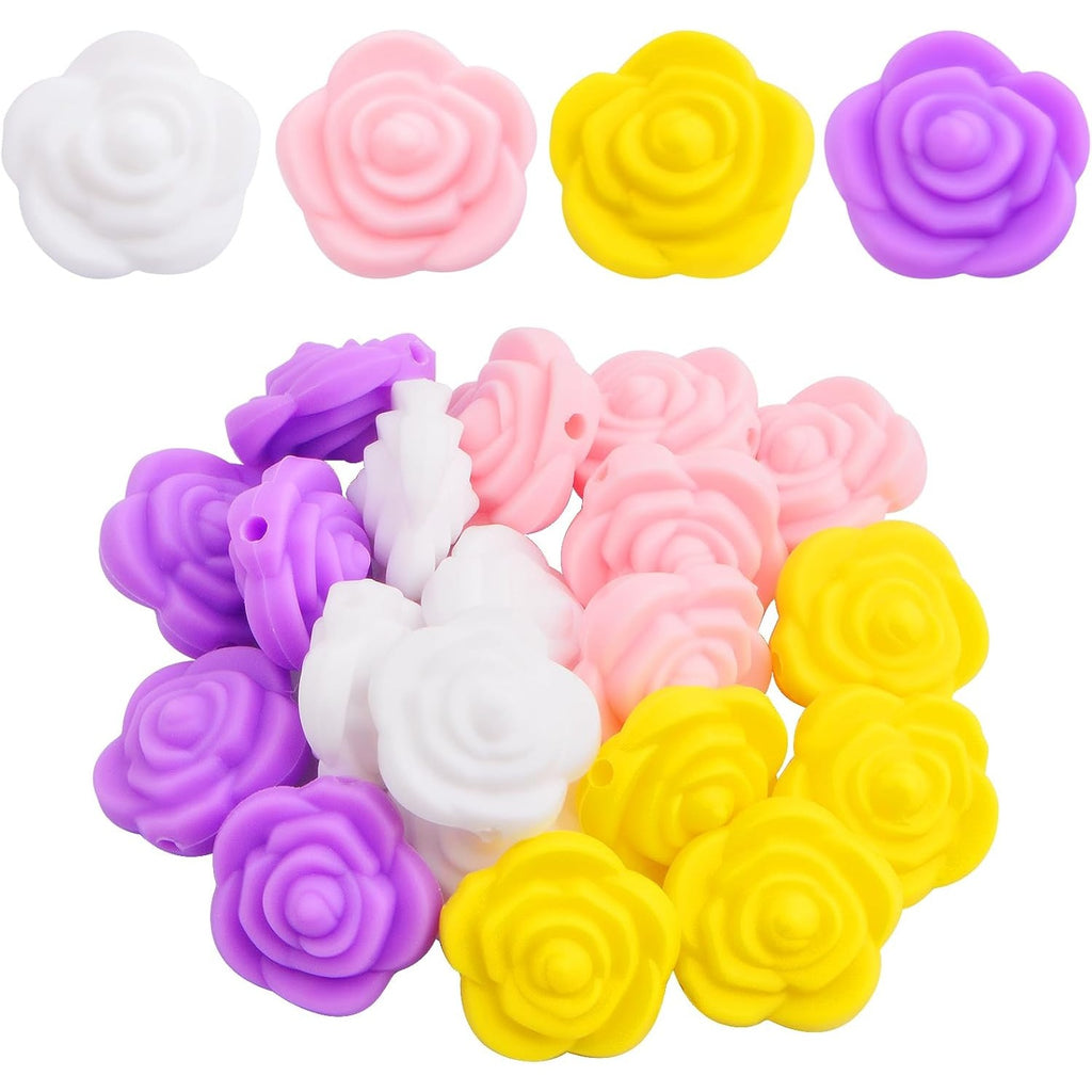20 Pieces 20.5 mm Rose Flower Silicone Beads Soft Rubber Roses Shape Focal Loose Beads Handmade Accessories for DIY Necklace Bracelet Keychains Jewelry Making Projects, 4 Colors