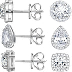 3 Pairs CZ Halo Stud Earrings Sterling Silver Plated Round Square Teardrop Cubic Zirconia Diamond Earring Posts for Women Men Sensitive Ears Anniversary Wedding Party Gift