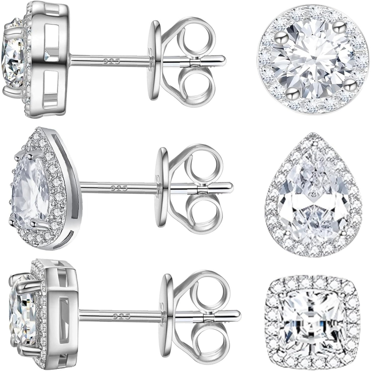 3 Pairs CZ Halo Stud Earrings Sterling Silver Plated Round Square Teardrop Cubic Zirconia Diamond Earring Posts for Women Men Sensitive Ears Anniversary Wedding Party Gift