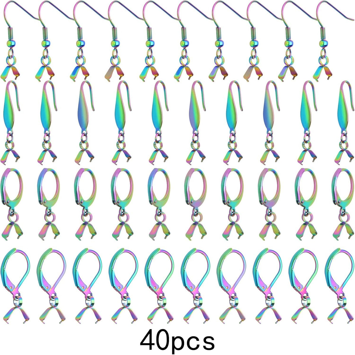 40pcs 4 Styles Stainless Steel French Earring Hooks Hypoallergenic Leverback Earwire Fish Hooks with Pinch Bail Clasps for DIY Dangle Earrings Jewelry Making, Rainbow Color