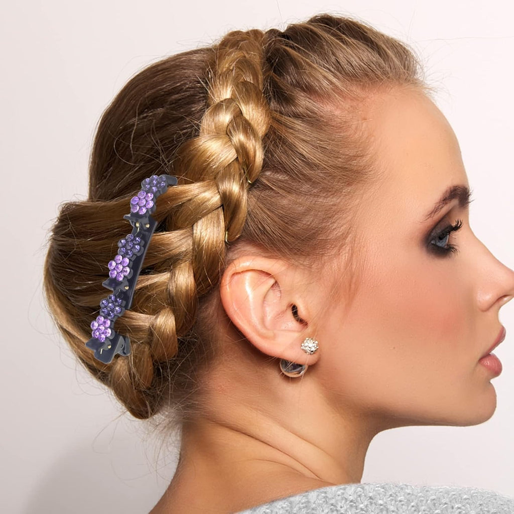 8pcs Sparkling Crystal Stone Braided Hair Clips with Triple Small Clips on Top Double Flower Rsvelte Hair Clip Barrette with Rhinestone for Women Girls Hair Sectioning Styling, 4 Colors