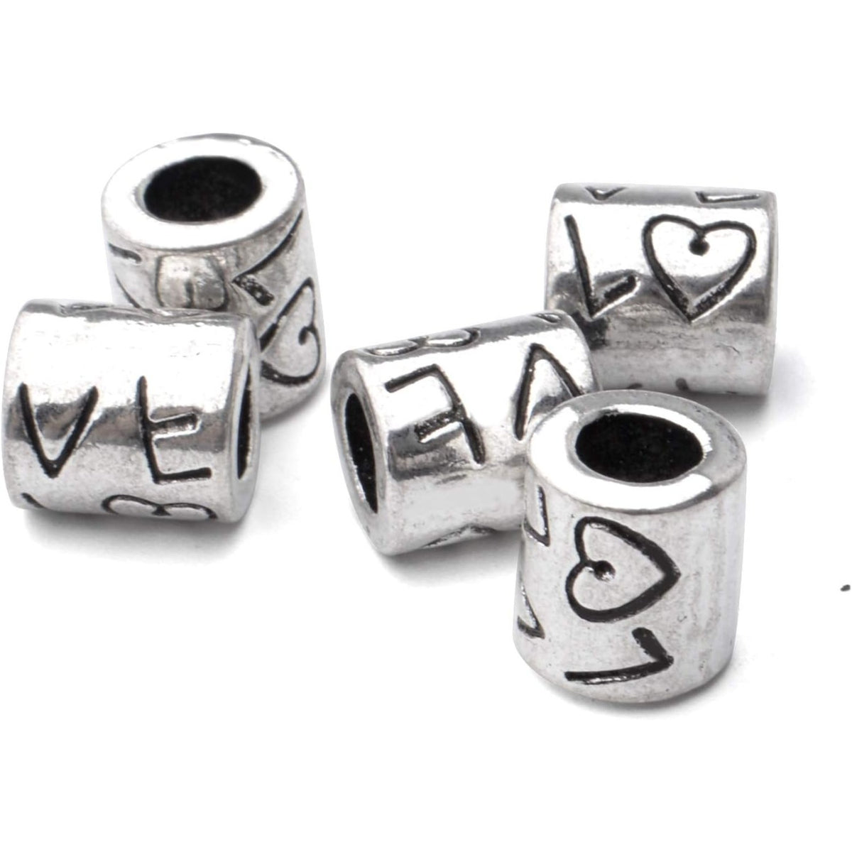 50pcs Tibetan Antique Silver Large Hole Spacer Beads 'Love' Word Column Beads Tube Spacers for Bracelet Necklace Jewelry Crafts Making Supplies