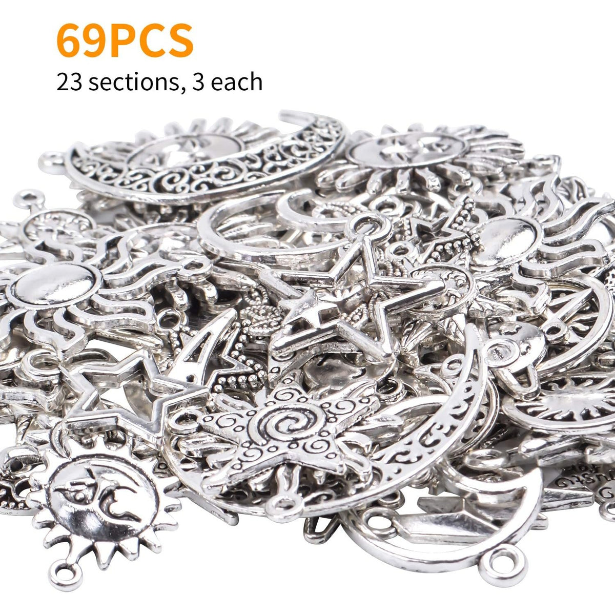 69 Pieces Antique Silver Alloy Moon Star Sun Charms Pendants Celestial Pendants Jewelry Findings for Necklace Bracelet Jewelry Making, 23 Styles