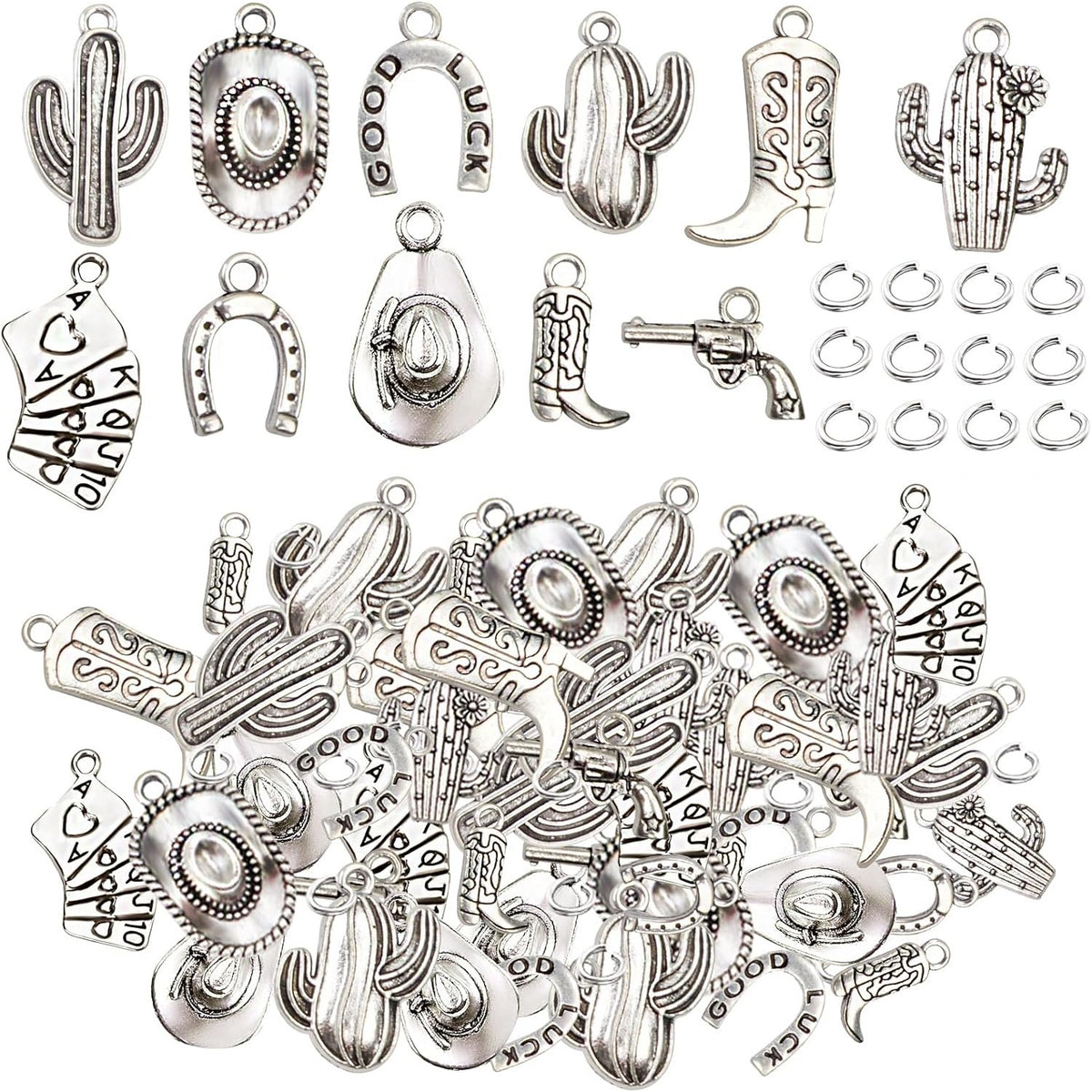 100 Grams Alloy Western Cowbo Cowgi Charms Antique Silver Mixed Cowb Boot Hat Horseshoe Dangle Pendants with 80pcs Split Rings for DIY Necklace Bracelet Earrings Jewelry Making