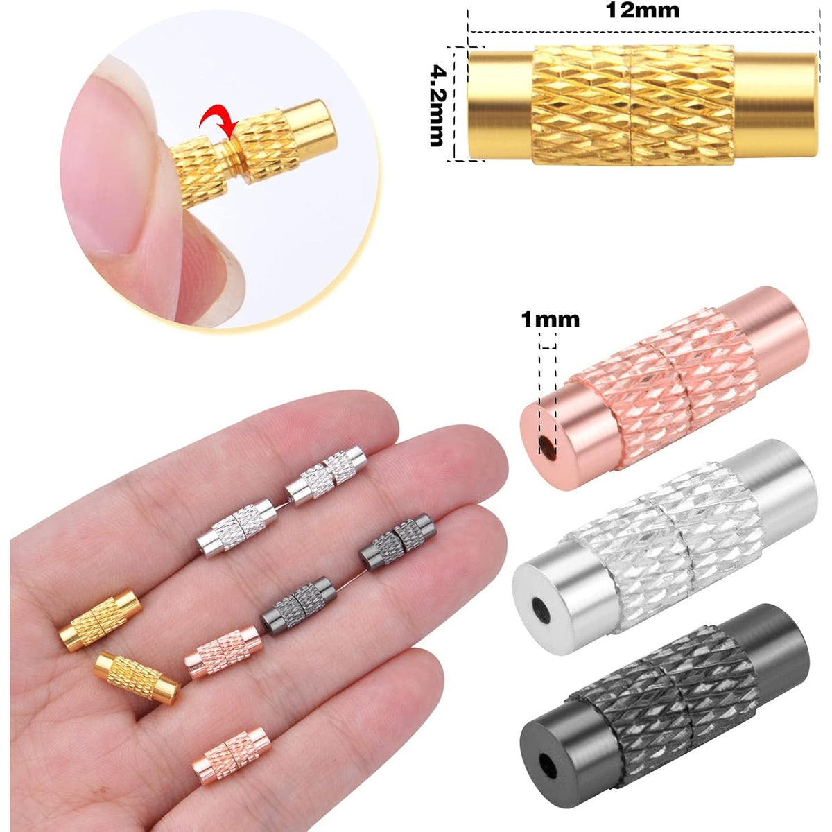 100pcs 4 Colors Brass Screw Twist Clasps Barrel Tube Fastener Cord End Caps Jewelry Clasps for DIY Bracelet Necklace Crafts Jewelry Making Decorative Accessories, 12 mm x 4.2 mm