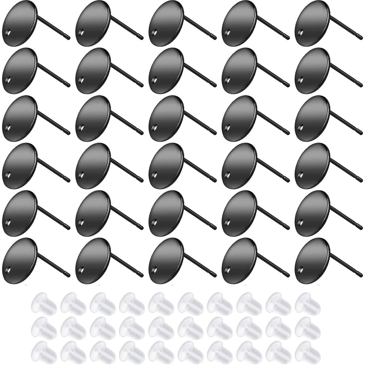 30pcs 3 Colors Stainless Steel Stud Earrings Flat Round Pad Earring Posts Findings with Hole and 30pcs Clear Silicone Earring Backs for Women DIY Jewelry Making