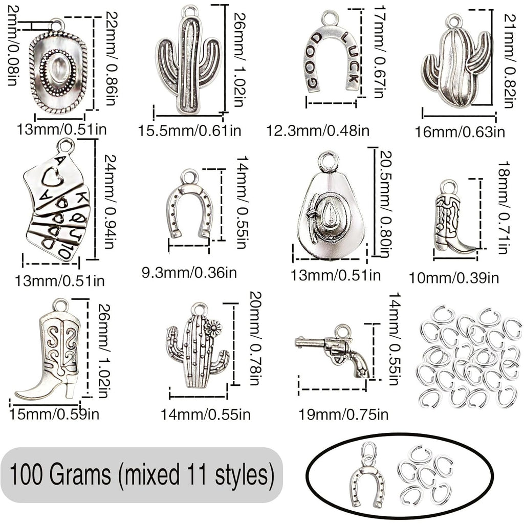 100 Grams Alloy Western Cowbo Cowgi Charms Antique Silver Mixed Cowb Boot Hat Horseshoe Dangle Pendants with 80pcs Split Rings for DIY Necklace Bracelet Earrings Jewelry Making