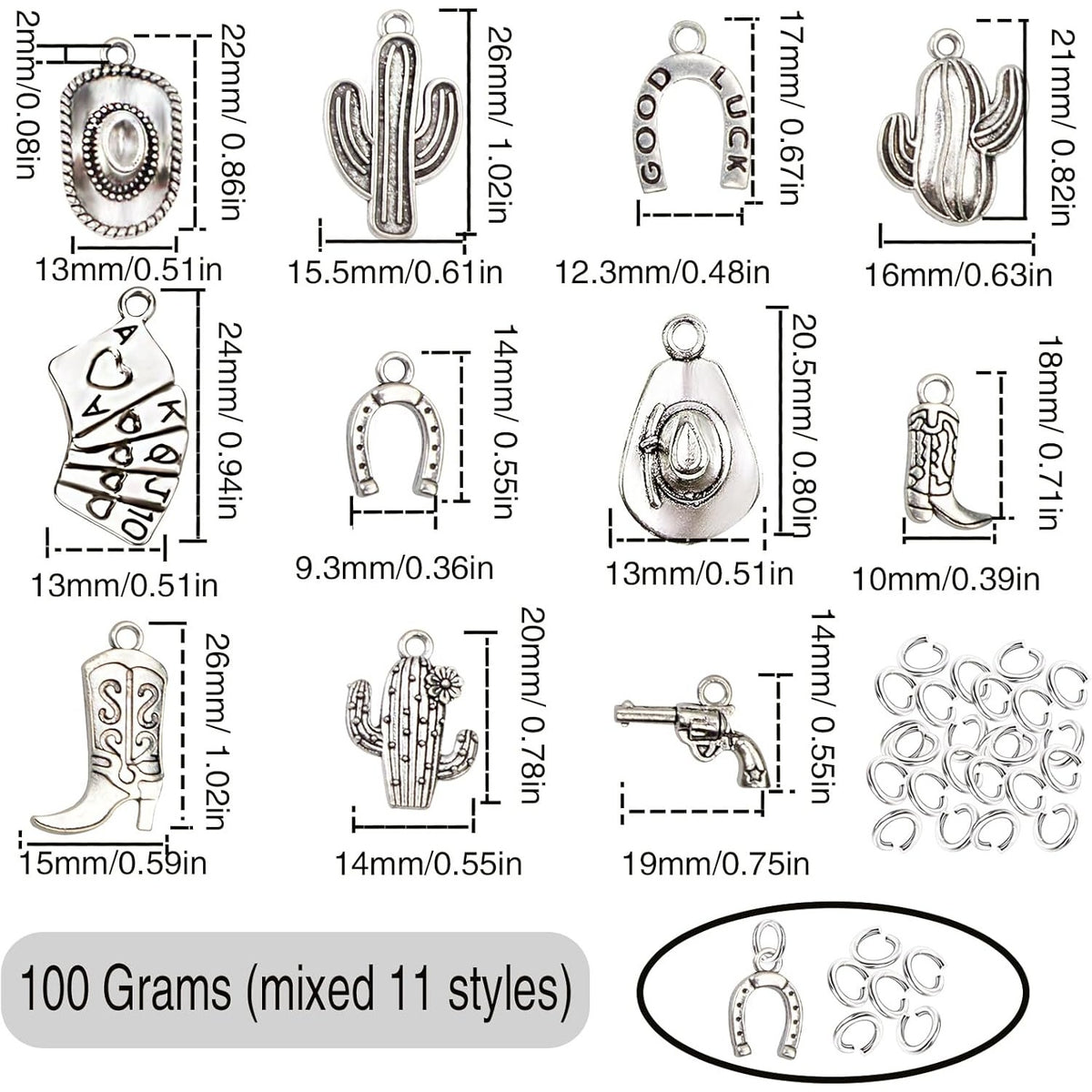 100 Grams Alloy Western Cowbo Cowgi Charms Antique Silver Mixed Cowb Boot Hat Horseshoe Dangle Pendants with 80pcs Split Rings for DIY Necklace Bracelet Earrings Jewelry Making