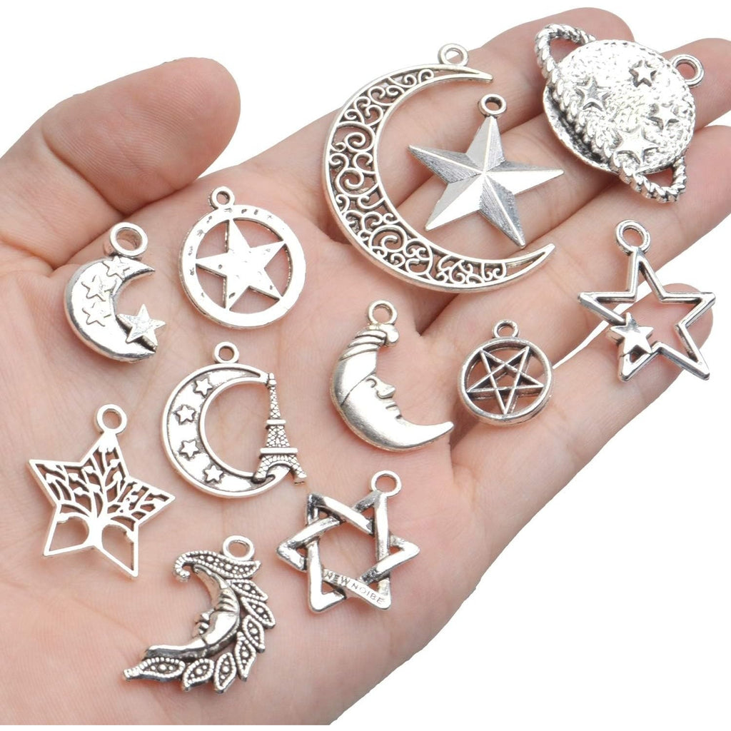 Celestial Pendant Charms, 100 Gram(65-85pcs) Mixed Sun Moon Star Charms Pendants Craft Supplies for Earrings Bracelets Necklaces Crafts Jewelry Making, 5-50mm