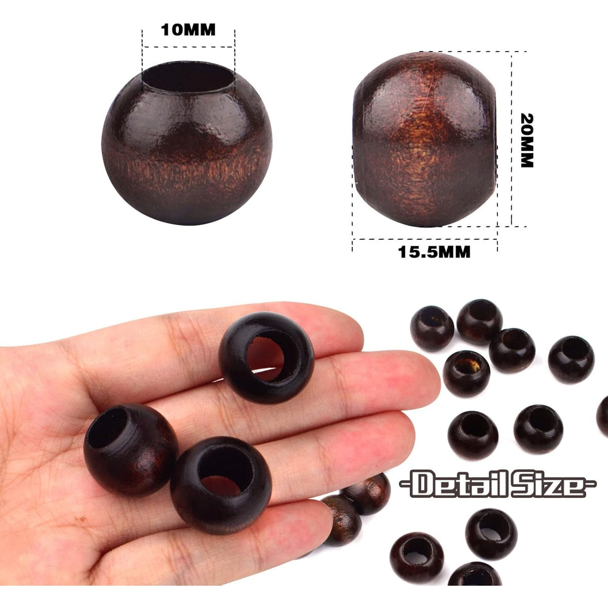 50pcs 20mm Black Coffee Wood Beads Large Hole Round Beads Natural Wooden Loose Spacer Beads for DIY Crafts Jewelry Making Garlands Home Decor, Hole: 10 mm