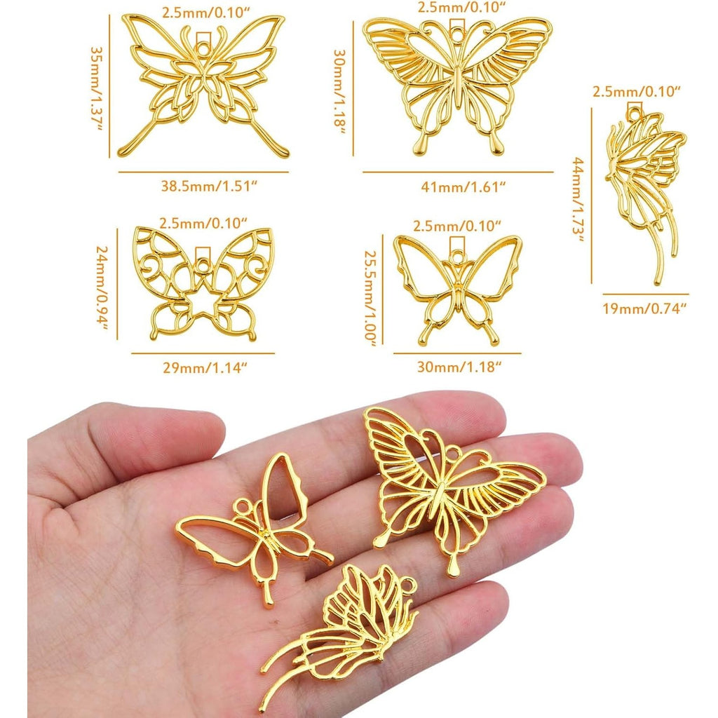 20pcs Golden Plated Hollow Butterfly Frame Charms Alloy Open Back Bezel Pendants Butterfly Shape Resin Mould Charms for DIY Necklace Bracelet Jewelry Making, 5 Styles