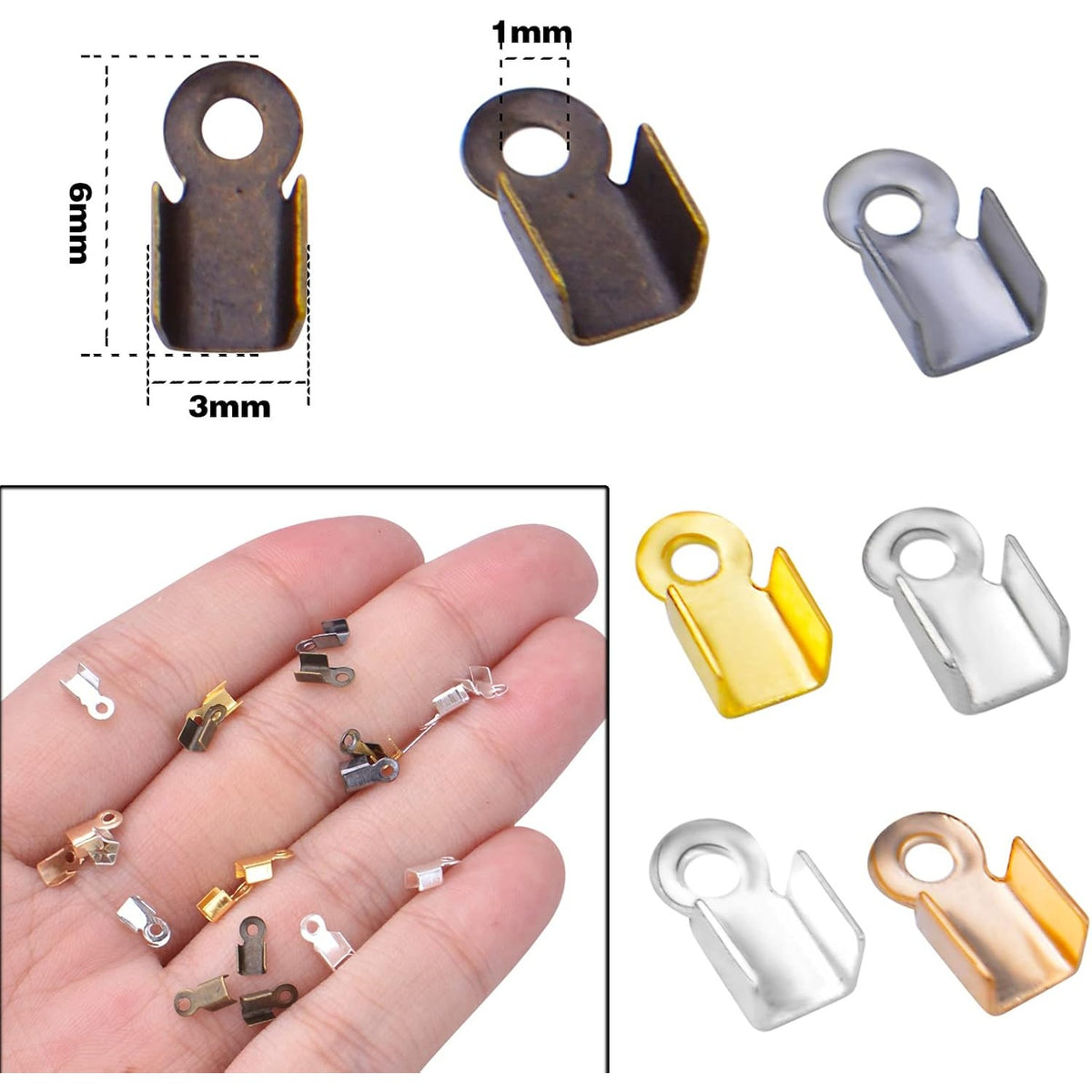1200pcs 6 Colors Metal Fold Over Crimp Cord Ends Crimp End Caps Terminators Clamp End Tips Leather Ribbon Ending Clasp Tips for Jewelry Making Finding