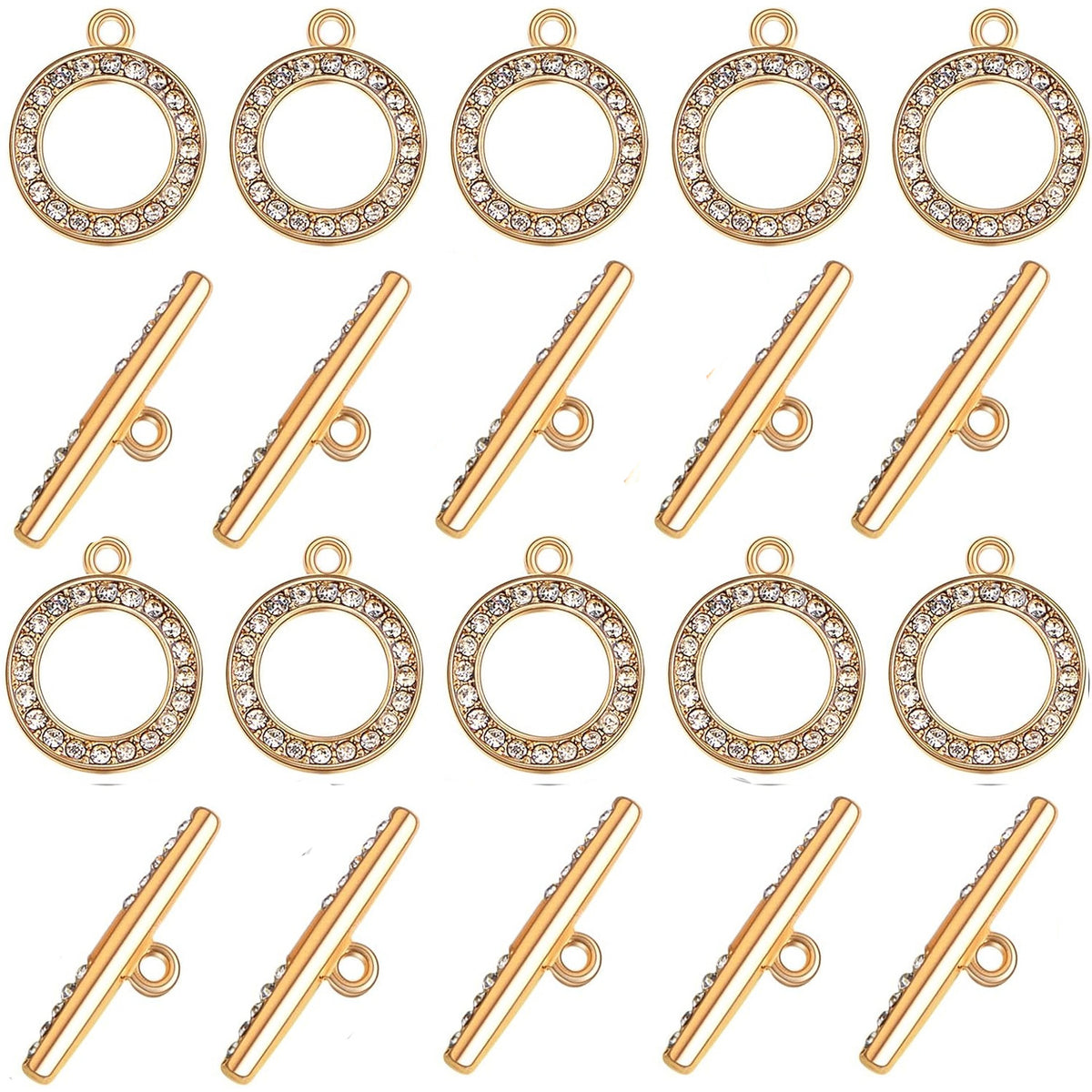 10 Sets Round Metal Toggle Clasps Bracelet Closure Fastener Buckle OT End Clasps T-Bar Connectors and Ring Clasps with Rhinestone for DIY Craft Necklace Jewelry Making, 2 Colors