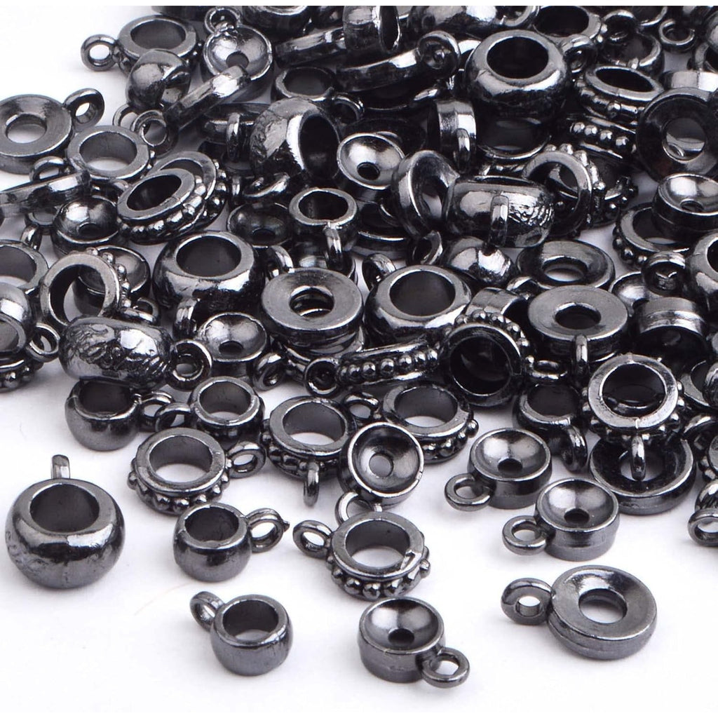 100 Gram Gun Black Bail Tube Beads Alloy Bail Beads Connectors Tibetan Tube Spacer Bead Hanger Links for DIY European Bracelet Charm Jewelry Crafts Making, 5 Styles