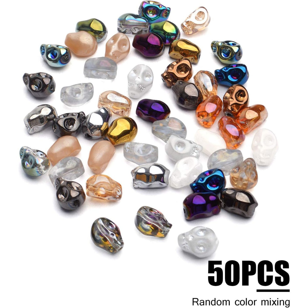50pcs Multicolored Glass Skull Bead Jewelry Making Beads, 10x8x1.5mm