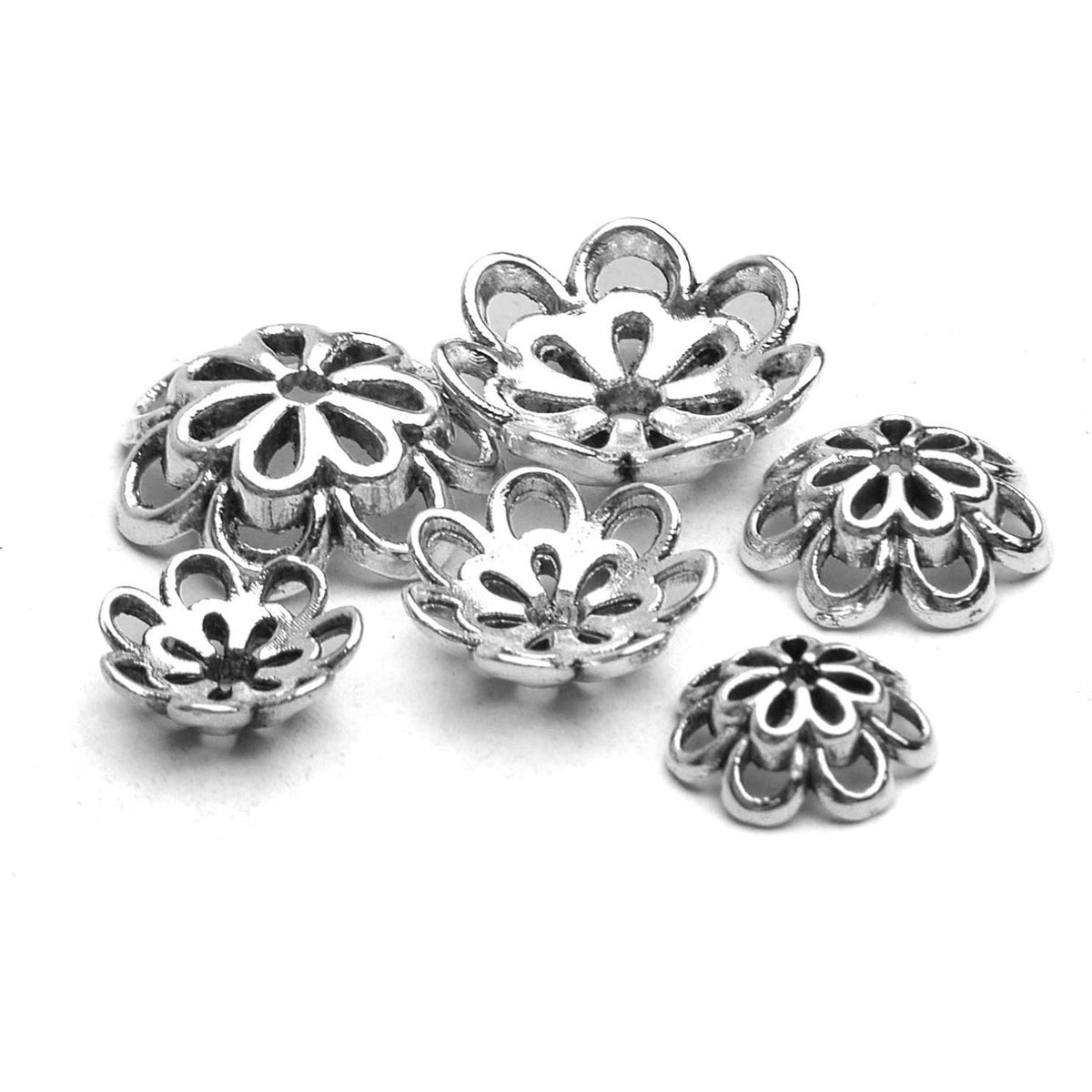 Hollow Double Flower Bead Caps - 120pcs Alloy Spacers for Jewelry Making, DIY Crafts, Bracelets, Necklaces - Antique Silver, 10mm, 12mm, 15mm