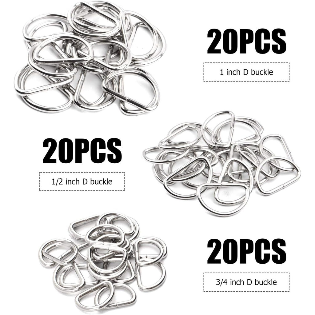 60pcs Assorted Multi-Purpose Metal D Ring Semi-Circular D Ring for Hardware Bags Ring Hand DIY Accessories - 1/2 Inch, 3/4 Inch, 1 Inch
