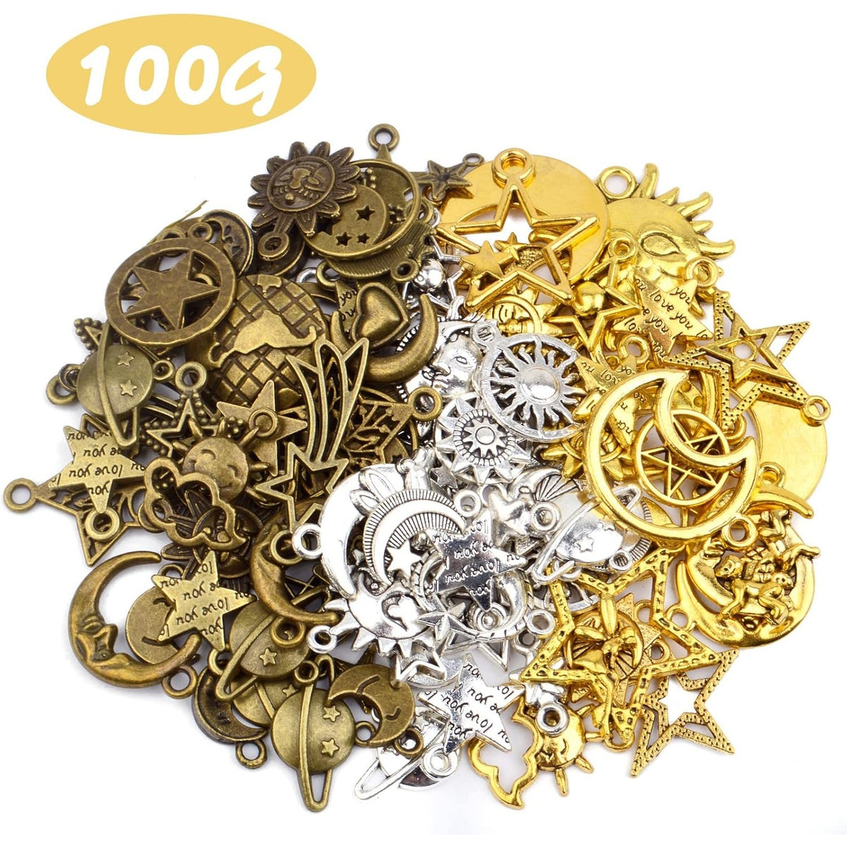 100 Gram Mixed Sun Moon Star Charms Celestial Pendants Alloy Sun Smile Pentagram Dangle Charms Collection for Necklace DIY Jewelry Making Crafting