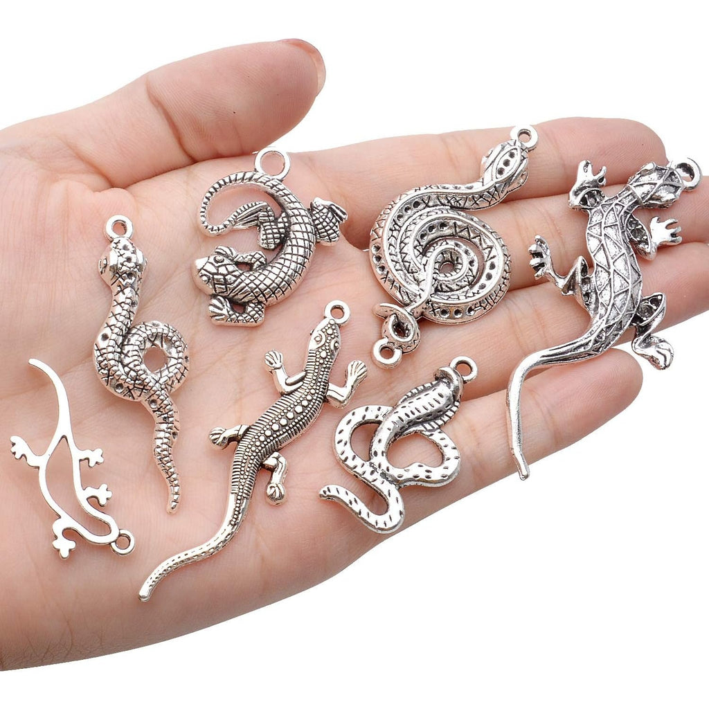 100g Craft Supplies Antique Silver Snake & Lizard Charms Alloy Mixed Style Animal Charms for Bracelet & Necklace Jewelry Making Accessories