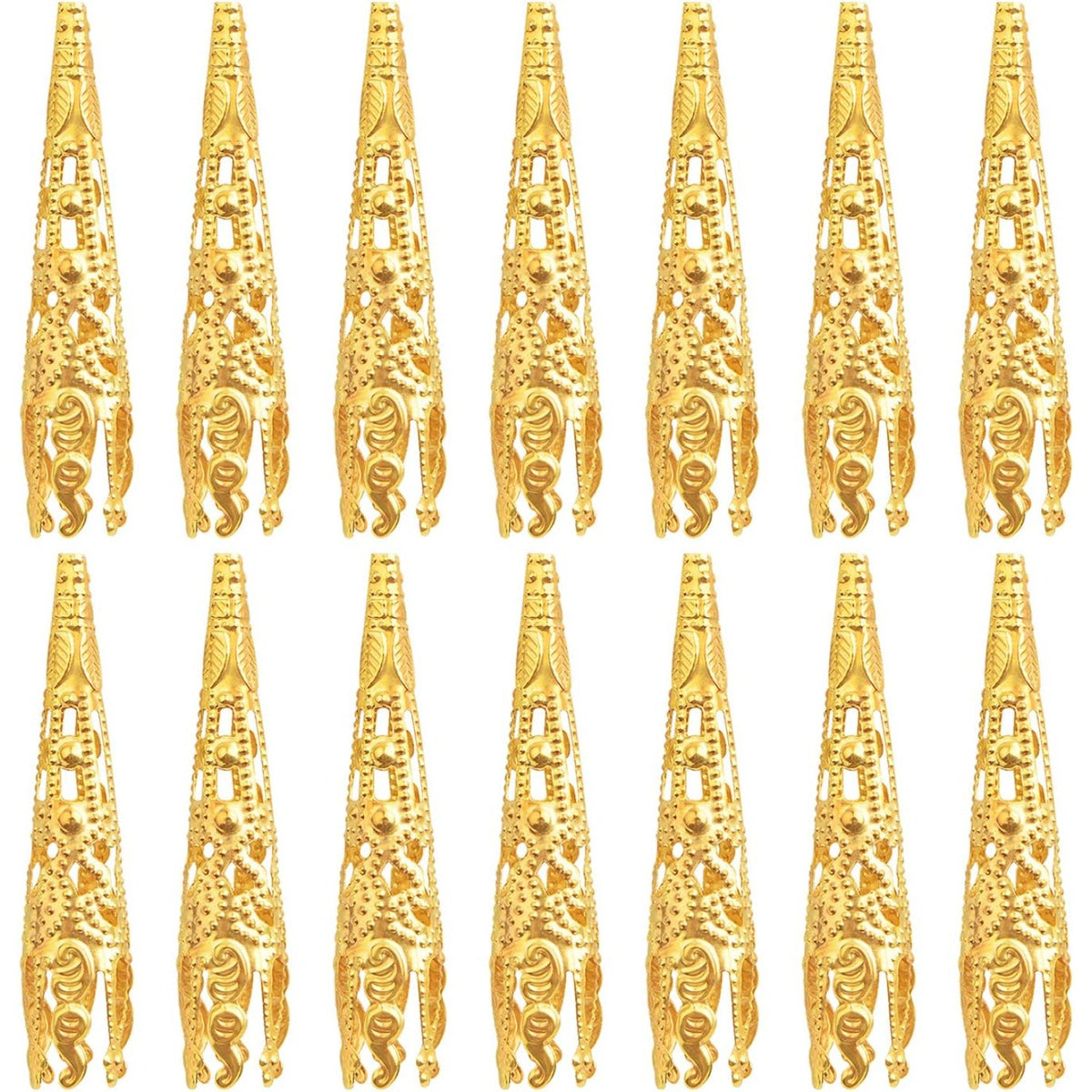 100pcs Golden Long Horn-shaped Flower Bead Caps Hollow Cone Bead End Caps Filigree Flower Spacers Hair Braid Beads for Women DIY Neckalce Earrings Hairpins Craft Projects