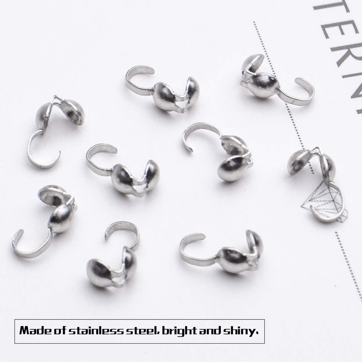 Calottes End Crimps,200Pcs Stainless Steel Fold-Over Bead Tips Clamshell Crimp Bead Tips Knot Covers for Knots,Cord Ends,Crimps Jewelry Making