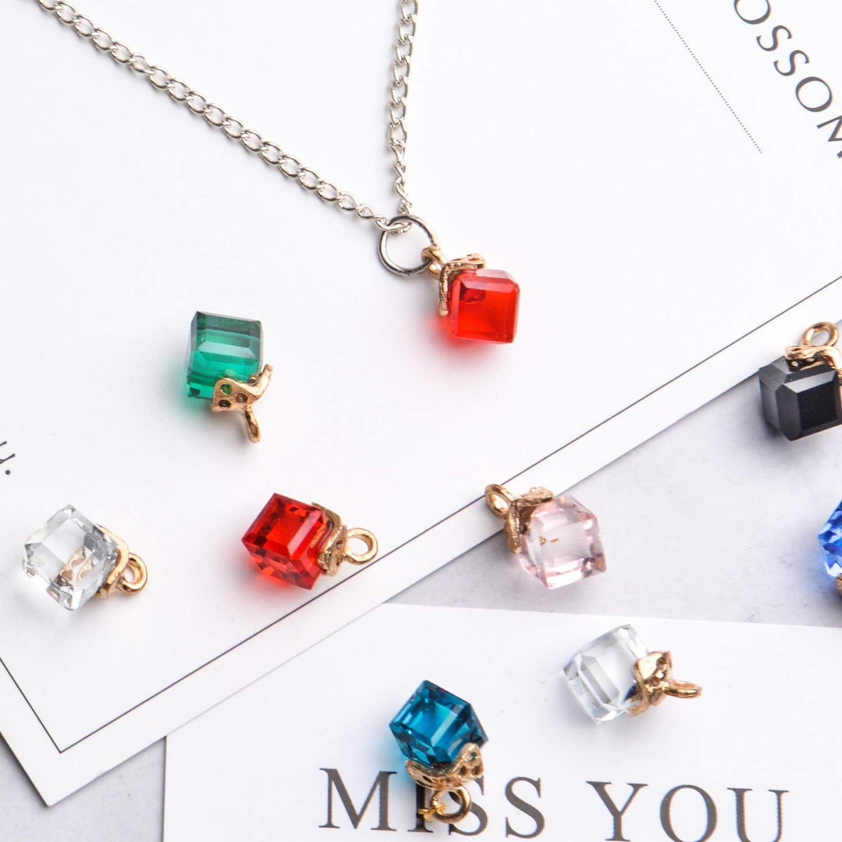 24 Pcs Cube Crystal Charms Bulk Rhinestone Pendants, 12 Colors for DIY Jewelry Making Supplies