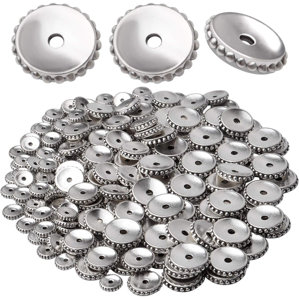 200pcs Tibetan Antique Silver Flat Round Spacer Beads Rondelle Bead Spacers Charms Spacer Loose Beads with A Box for Jewelry Making Crafts Supplies