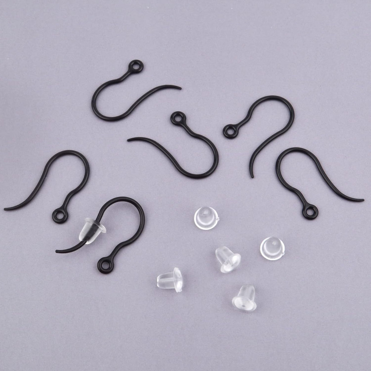 100pcs Black Plastic Earring Hooks French Earwire Fish Hooks with Loop and 100pcs Clear Earring Safety Backs for Women DIY Earrings Jewelry Making