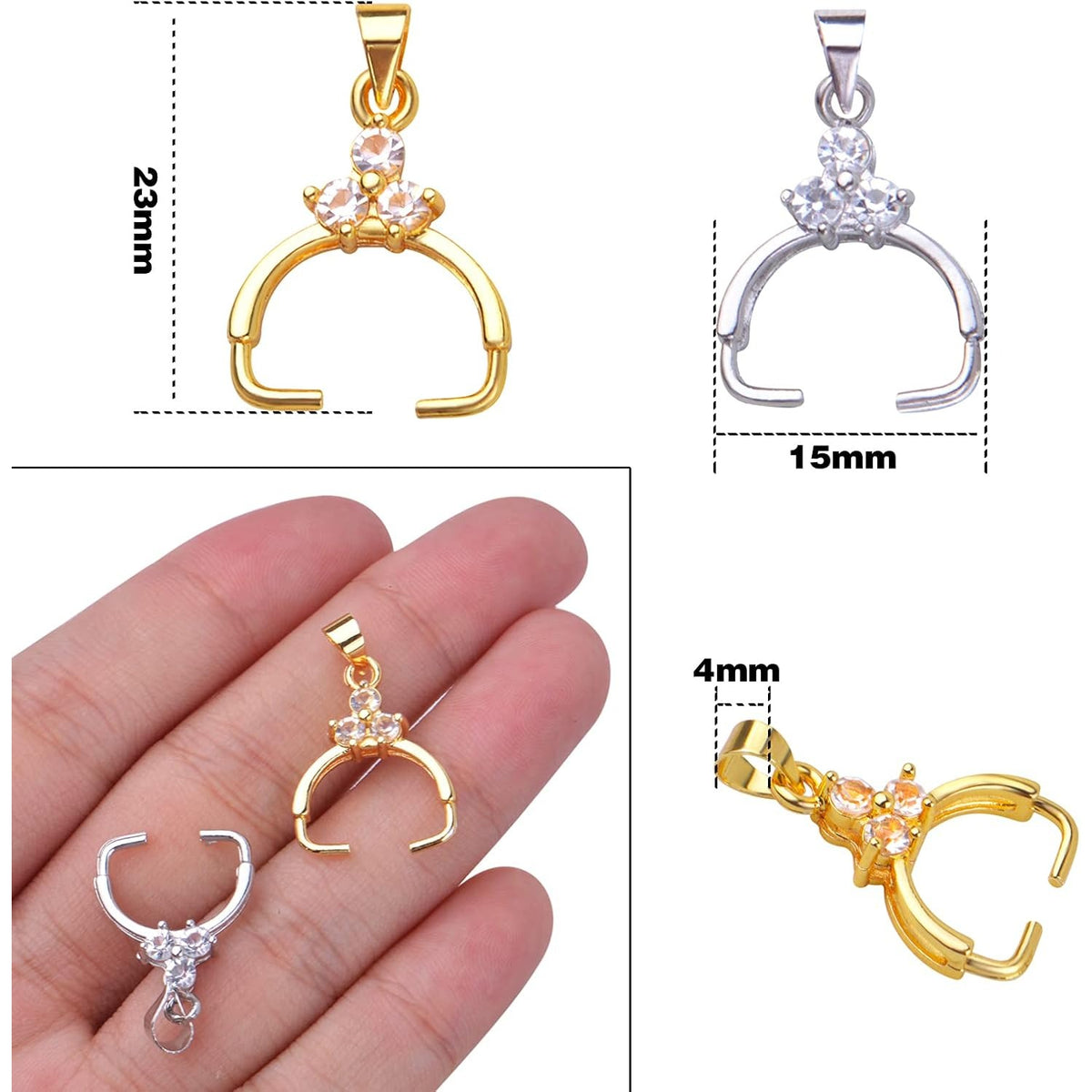 12pcs Cubic Zirconia Pinch Bails Brass Pinch Clip Bail Clasp Dangle Charm Clip Buckle Beads Pendant Connector for DIY Jewelry Making Handmade Decoration, 2 Colors
